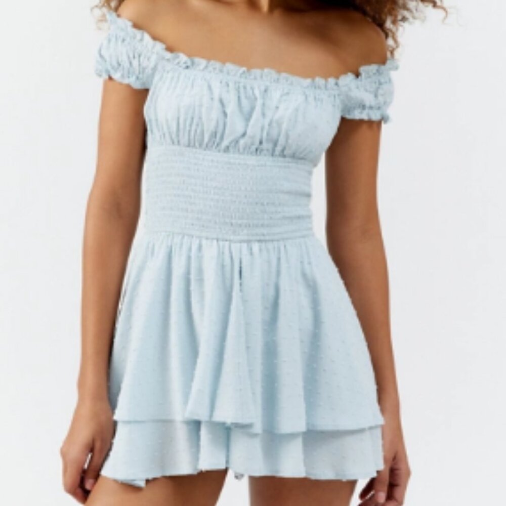 UO Rosie Smocked Tiered Ruffle Romper - Blue